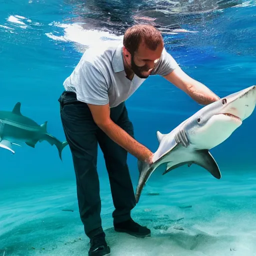 Image similar to a man feeding a shark