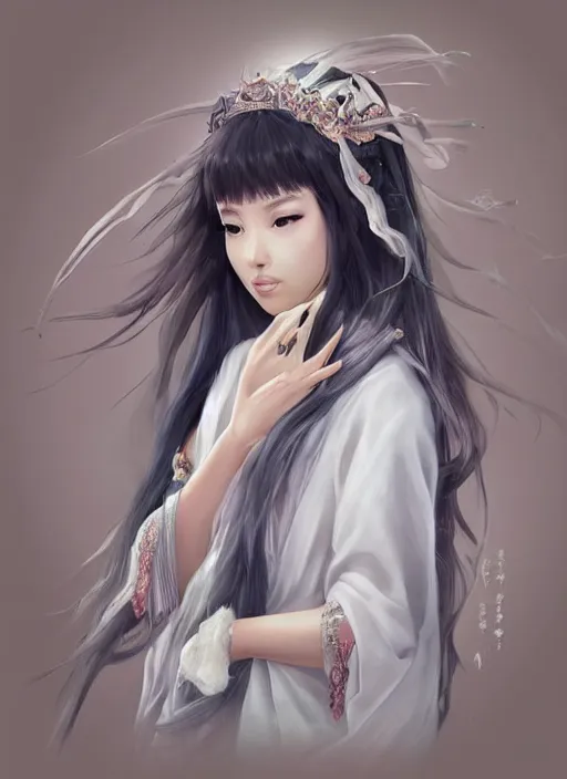 Prompt: “ beautiful adorable oriental princess, youthful attractive, white clothes, grace, flowing hair, muted colors, symmetrical face portrait, artstation, cgsociety, character concept art, highly detailed ”