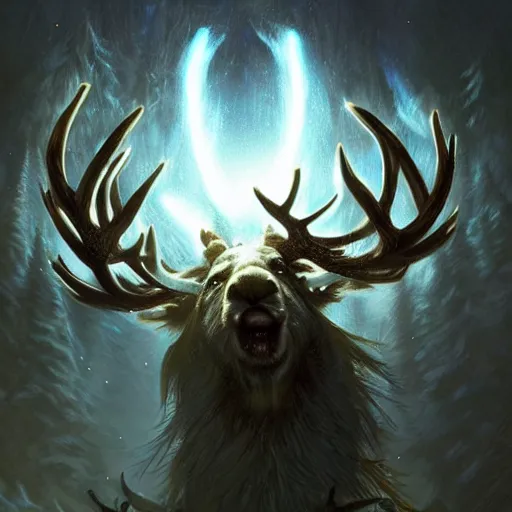 Prompt: Reindeer, Anthropomorphized, casting epic spell, magic the gathering artwork, D&D, fantasy, cinematic lighting, centered, symmetrical, highly detailed, digital painting, artstation, concept art, smooth, sharp focus, illustration, volumetric lighting, epic Composition, 8k, art by Akihiko Yoshida and Greg Rutkowski and Craig Mullins, heroic pose, oil painting, cgsociety, magic lab background