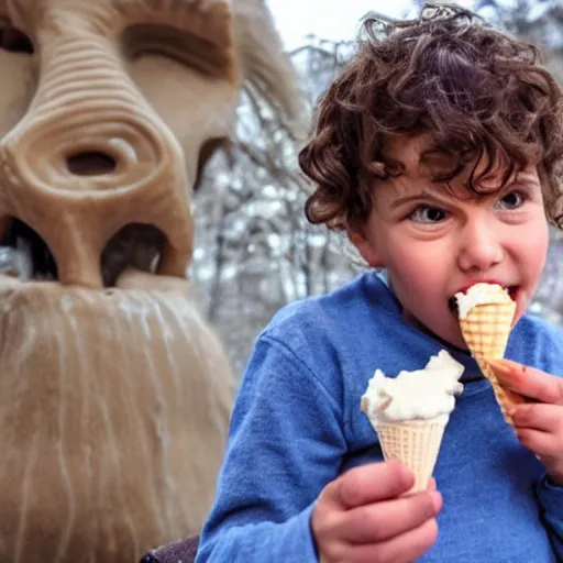 Prompt: photo of a neanderthal eating ice cream for the first time