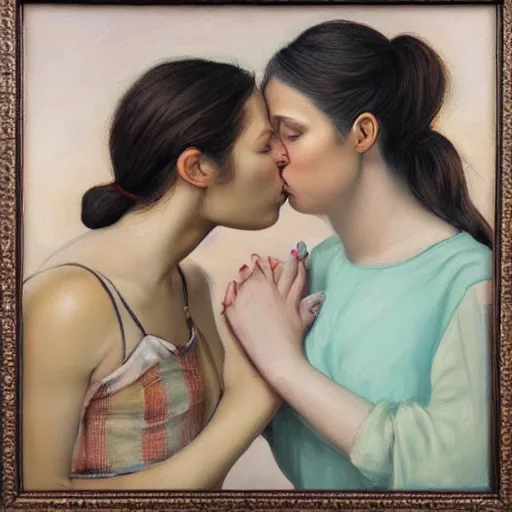 Image similar to two women kissing, oil on canvas, highly detailed, photo realistic