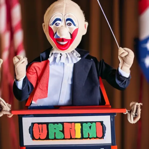 Image similar to puppet show of a string marionette of a president with clown makeup in a podium