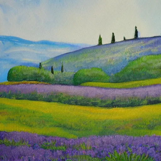 Prompt: oil painting of lavander fields in the south of france surrounded by cypress trees, various styles.