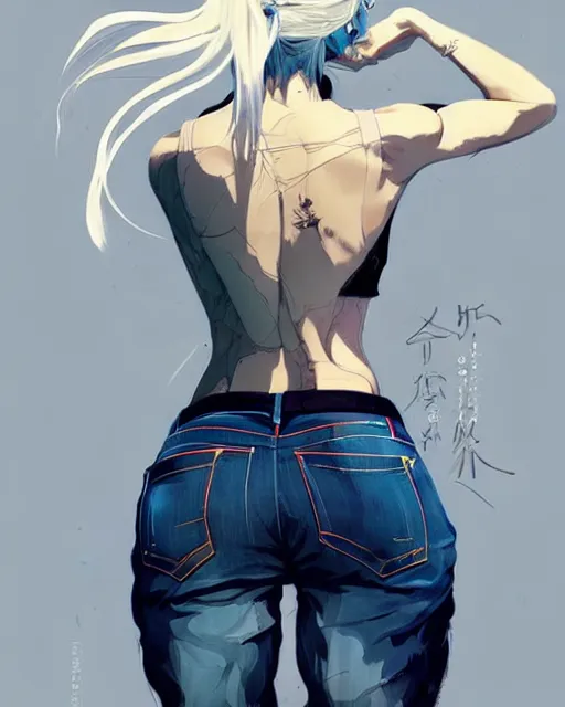 Image similar to a ultradetailed beautiful back painting of a stylish woman with white hair in a short pony tail, she is wearing jeans, by conrad roset, greg rutkowski and makoto shinkai trending on artstation