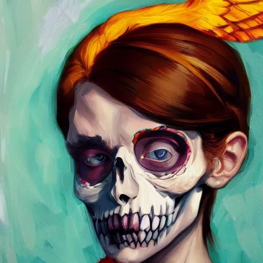 Prompt: a portrait of a girl skull face, angel, wings, in the style of artgerm, van gogh, atey ghailan and steve mccurry, vibrant colors and hard shadows and strong rim light, lucien freud, comic cover art, trending on artstation