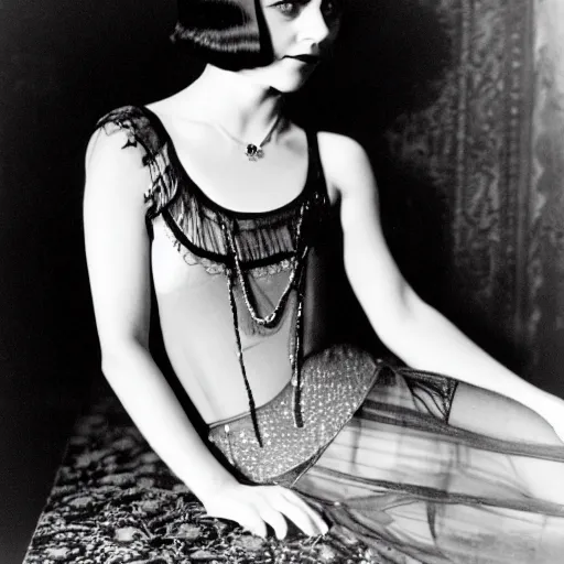 Prompt: christina ricci in the 1 9 2 0 s, flapper girl, photograph, speakeasy