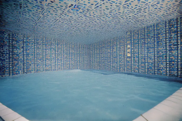 Prompt: underwater footage of a non - euclidean, geometric tiled swimming pool hallways into infinity, library, cube portals, 1 9 6 0 s, color bleed, ektachrome photograph, volumetric lighting, f 8 aperture, cinematic eastman 5 3 8 4 film stanley kubrick