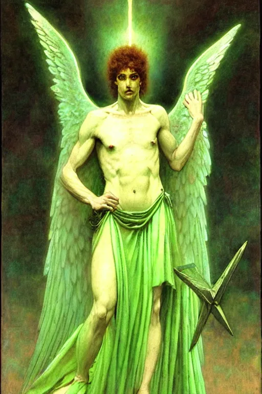 Prompt: a portrait of archangel raphael in a green toga by wayne barlowe, gustav moreau, goward,  Gaston Bussiere and roberto ferri, santiago caruso, and austin osman spare, ((((occult art))))