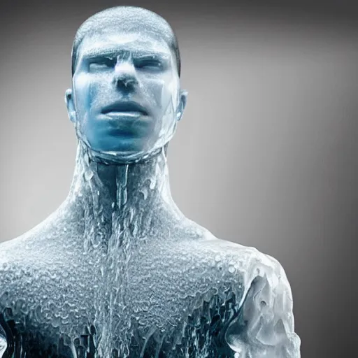 Image similar to made of ice, a realistic detailed photo of a guy who is an attractive humanoid who is half robot and half humanoid, who is a male android, on display, blank stare, showing off his muscles, shiny skin, posing like a statue, by the pool, frozen ice statue, f 1 driver max verstappen, humanoid robot