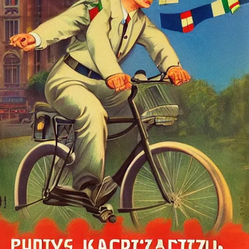 Prompt: portrait of mayor of budapest gergely karacsony riding a bicycle in summer shirt, hungarian propaganda poster, hungarian flag in the background, colored, artgerm, highly detailed