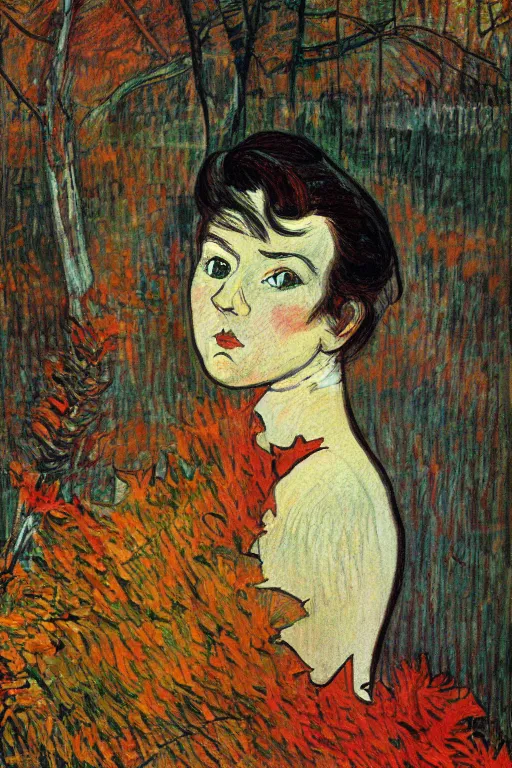 Prompt: young woman's face surrounded by Autumn leaves, long black hair, pale skin, symmetrical face, photorealism, 4k, dramatic lightning, by Toulouse-Lautrec,