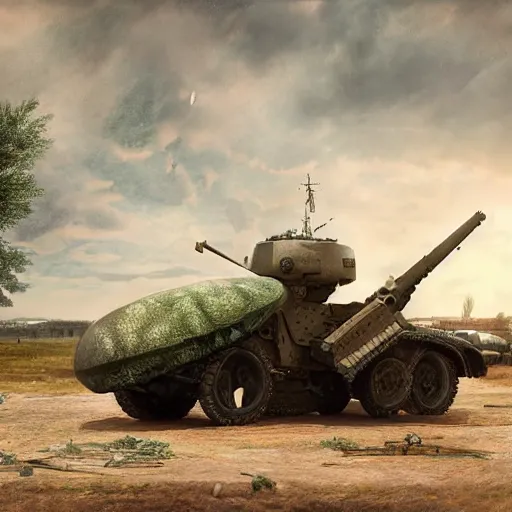 Prompt: Very very very very highly detailed Watermelon as military vehicle with epic weapons, on a battlefield in russian city as background. More Military vehicle less watermelon .Photorealistic Concept 3D digital art in style of Caspar David Friedrich, super rendered in Octane Render, epic RTX dimensional light
