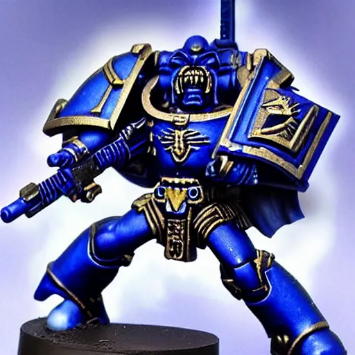 Image similar to An ultramarine who shoots a bolter at a House demon, in the background there are many other ultramarines who also open fire on demons, a very beautiful style,Warhammer Trailer Style 40000, Very detailed picture,