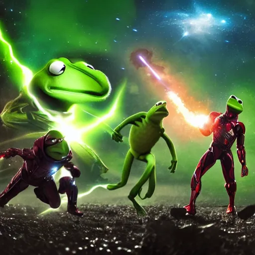 Image similar to the avengers battle kermit the frog in space, galaxy, hd, explosions, gunfire, lasers, spatula, giant, epic, showdown, colorful, realistic photo, unreal engine, stars, prophecy, epic oil painting, powerful, diffused lighting, destroyed planet, debris, justice league