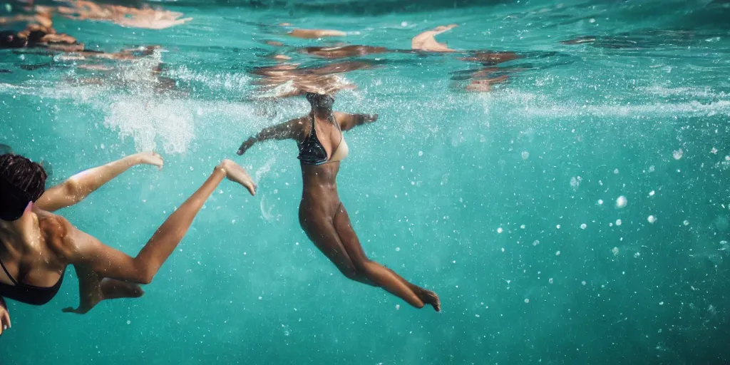 Image similar to Photography of a female black athletic skinny woman, taken under water in a pool in summer, she just jumped into water, many bubbles and rays of sun