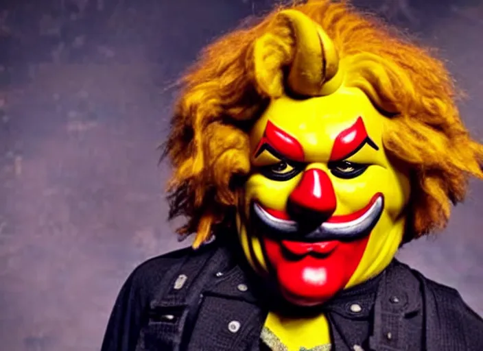 Image similar to publicity photo still of ronald mcdonald wearing a slipknot mask touring with slipknot live on stage, 8 k, live concert lighting, mid shot