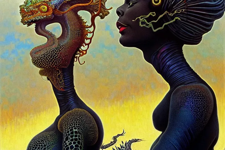 Prompt: realistic extremely detailed closeup portrait painting of a beautiful black woman wearing futuristic dress, mutant dragon and a single old house on background by Jean Delville, Amano, Yves Tanguy, Alphonse Mucha, Ernst Haeckel, Edward Robert Hughes, Roger Dean, rich moody colours