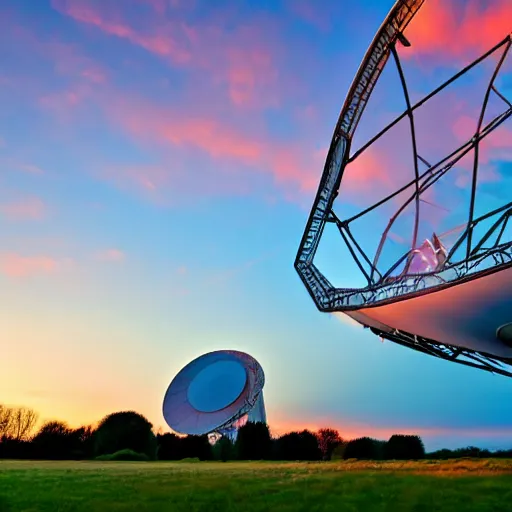 Prompt: Jodrell Bank radio telescope dish at sunset