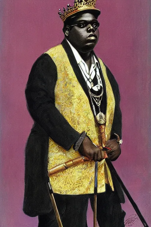 Image similar to ultra unrealistic portrait of rapper biggie smalls standing with cane and with kings crown and royal outfit, european, modern art, eclectic art, gold and colorful, illustration, by ramon casas