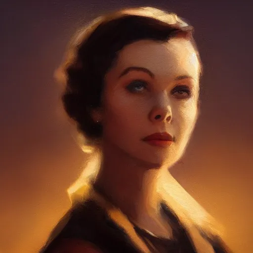 Image similar to closeup portrait of a young vivian leigh, chiaroscuro, city background, golden hour, dramatic lighting, high detail, painted by greg rutkowski, painted by igor kieryluk, trending on artstation