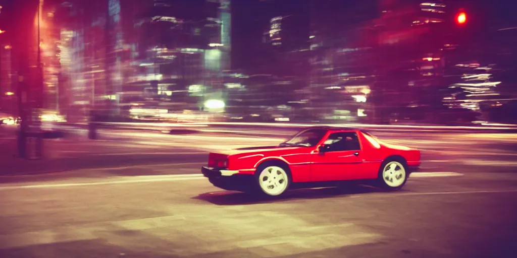 Prompt: 80s red sports car, parked on deserted city street at night time, purple lighted street, wide angle, cinematic, retro-wave vibes, grainy, soft motion blur, VHS Screencap