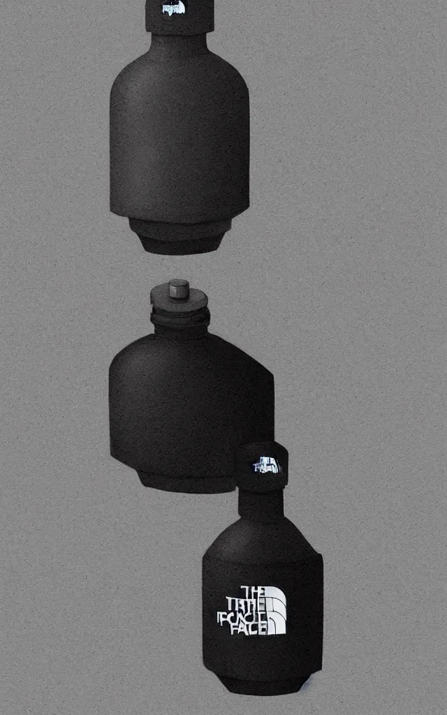 Prompt: the north face bottle, round with black top, filled with wihite liquid, black stamp, concept art, matte, sharp focus, illustration, art by aenaluck, artgerm