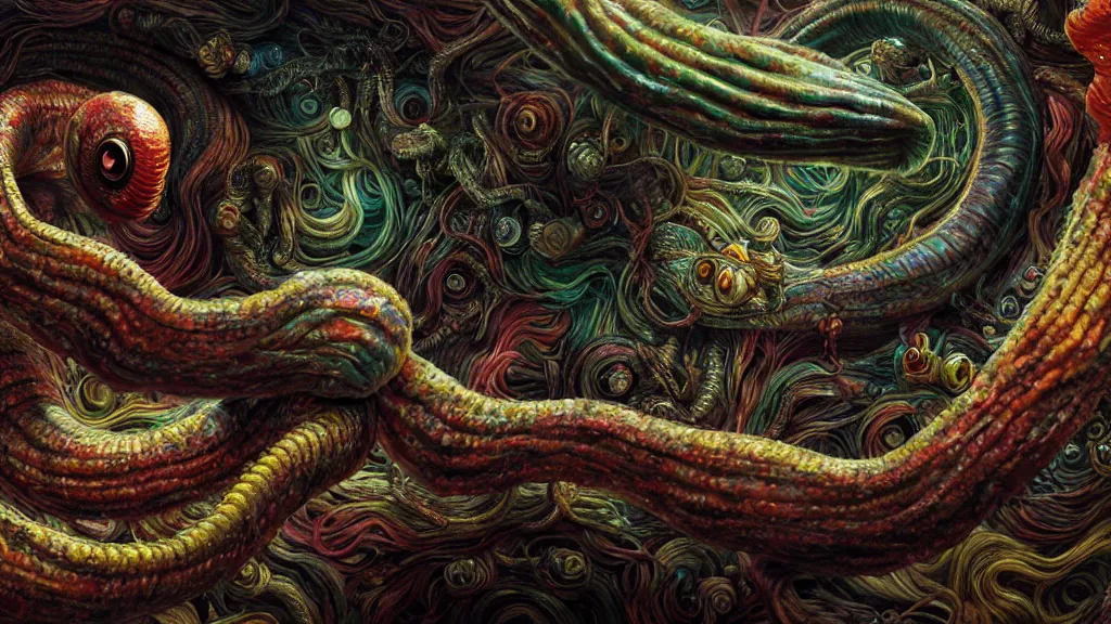 Prompt: screaming worm monster, maximalist, high detail, 8k, ornate, dark fantasy, realistic, masterpiece, complex, WLOP, film still from the movie directed by Denis Villeneuve, wide angle, colorful