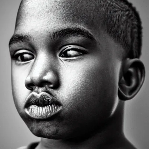 Image similar to the face of young kanye west at 1 2 years old, portrait by julia cameron, chiaroscuro lighting, shallow depth of field, 8 0 mm, f 1. 8