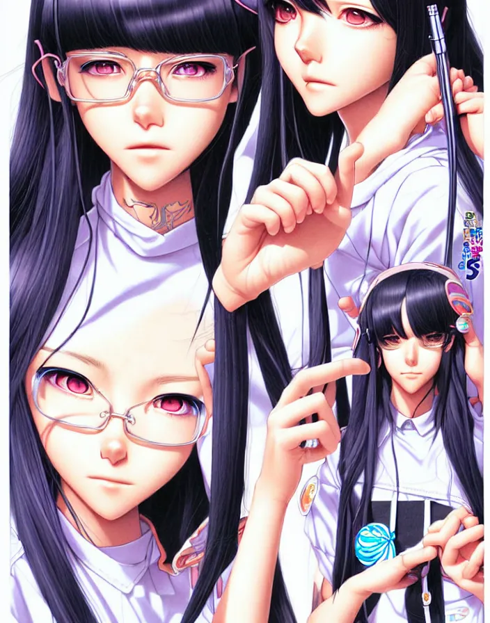 Image similar to extremely detailed color ink pen graphic novel  illustration of a dainty young truant female stoner prep highschool school student with medium length silky straight iridescent black hair and lightly suntanned skin, illustrated by Artgerm and Range Murata.