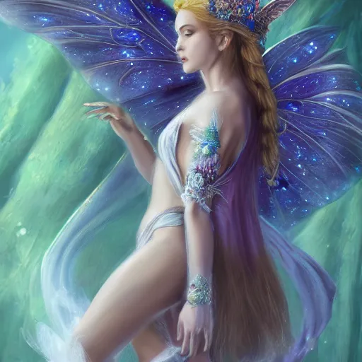 Prompt: detailed portrait of a fairy queen with wings wearing a silk robe and a cover for her face, crown, pixie, iris, realism, emerald, galaxy, sapphire,blonde hair going down to the floor, moonlit, dark fantasy, dramatic lighting, cgsociety, artstation