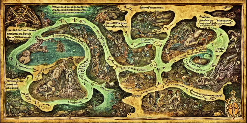 Image similar to insane ancient mystical instructional maps, elven secrets, full color,