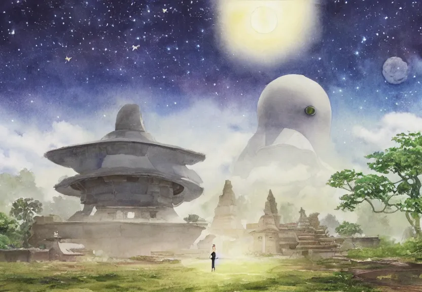 Image similar to a hyperrealist watercolor concept art from a studio ghibli film showing one giant grey alien. a temple is under construction in the background in india on a misty and starry night. by studio ghibli. very dull muted colors