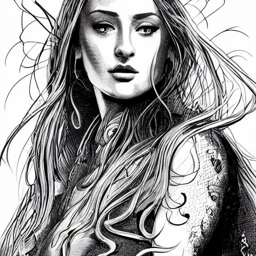 Prompt: precisely drawn illustration of Sansa Stark blended with Selena Quintanilla, wide angle, sharp, fine details, French comic style, vibrant realistic colors, full color, heroic fantasy, intense line art, 8k, precise linework, realistic, in the style of Heavy Metal Comics and Richard Corben and Moebius