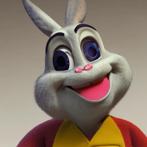 Prompt: high quality hyperrealistic finely detailed professionally photographed photo of a realistic horrifying Bugs Bunny smiling, 50 mm