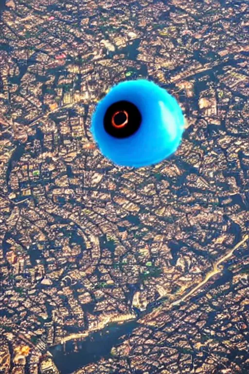 Prompt: giant eyeball!!!!! floating!! behind the clouds above southern california city