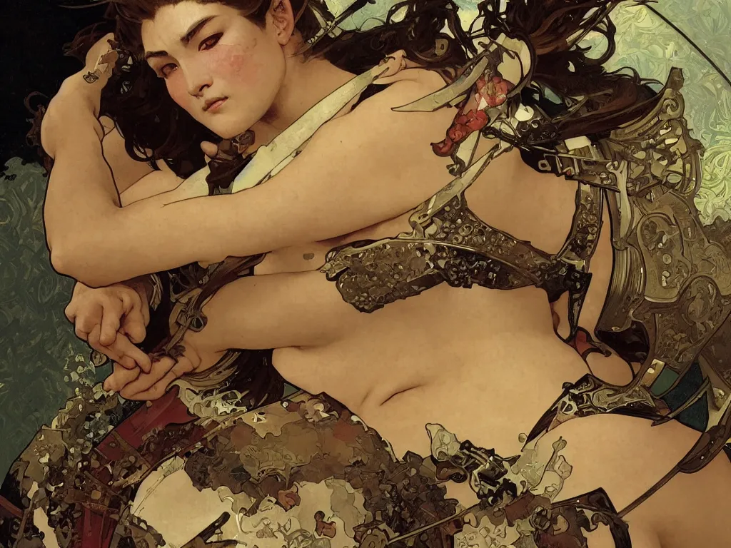 Image similar to close up of a wounded samurai in full armor, by fiona staples, alphonse mucha and gil elvgren