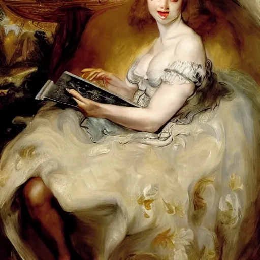 Image similar to heavenly summer sharp land sphere scallop well dressed lady watching netflix on a tv, auslese, by peter paul rubens and eugene delacroix and karol bak, hyperrealism, digital illustration, fauvist, watching netflix on a tv