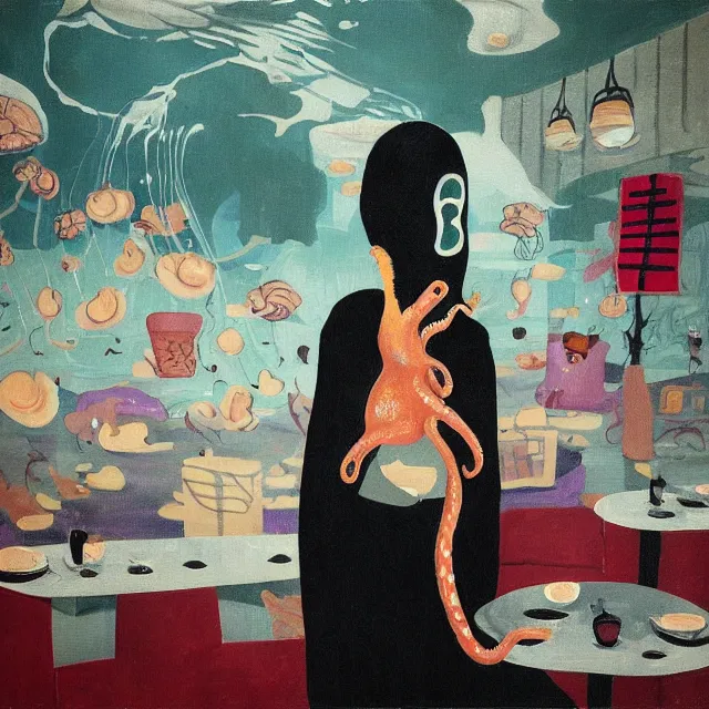 Prompt: tall female emo artist holding an octopus in a flooded starbucks, bagels, pigs, water gushing from ceiling, painting of flood waters inside a cafe, a river flooding indoors, pomegranates, pigs, ikebana, water, octopus, river, rapids, waterfall, black swans, zen, canoe, berries, acrylic on canvas, surrealist, by magritte and monet