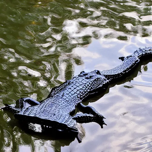 Image similar to a transparent, aluminum, alligator in the water with Skylar