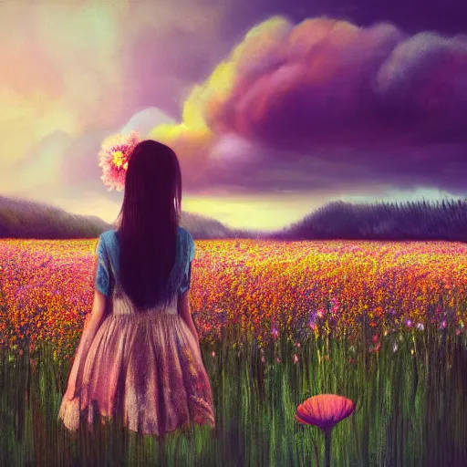 Image similar to girl with a flower face, surreal photography, dream, standing in flower field, magical, in a valley, sunrise dramatic light, impressionist painting, colorful clouds, artstation, simon stalenhag, flower as face