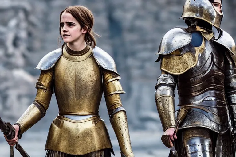 Prompt: promotional image of Emma Watson as Joan of Arc in the new movie directed by Ridley Scott, full suit of gilded plate armor, movie still, promotional image, imax 70 mm footage