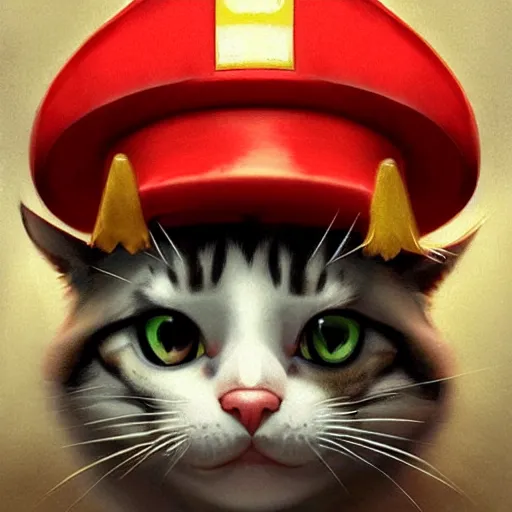 Image similar to Portrait of a Cat dressed as Super Mario, Mario hat, kawaii aesthetic, nintendo, highly detailed, digital painting, artstation, concept art, smooth, sharp focus, illustration, art by artgerm and greg rutkowski and alphonse mucha