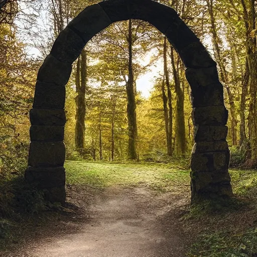 Image similar to woodland path golden hour wide angle. stone archway on the left. inside the archway is a portal to another land with bright sunlight and a seashore. a silhouette of a humanoid stands in the portal, highly textured, adventurous