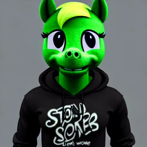 Image similar to a stoner with a black hoodie on with a marijuana themed dark green pony head from my little pony, 3 d, blender 3 d, render, extremely detailed, 8 k