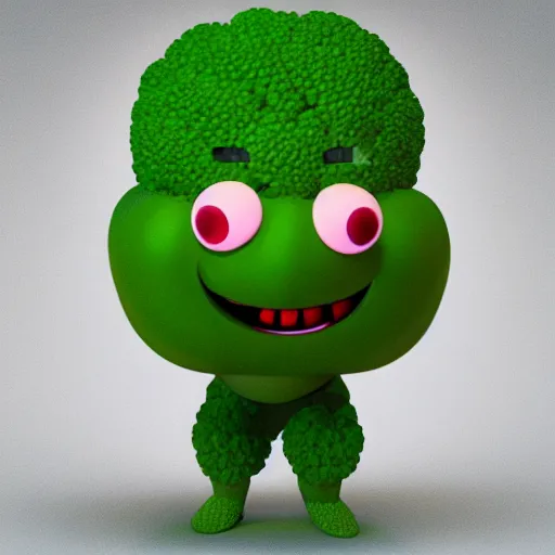 Image similar to a 3d render of a smiling happy broccoli, he is dancing, vivid bright colors