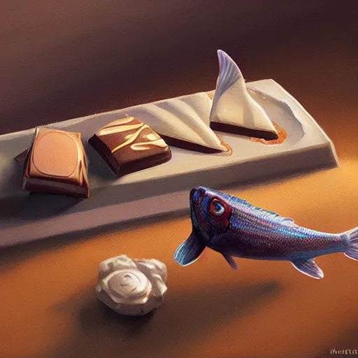 Image similar to a fish laying on top of a chocolate bar. soft, atmospheric, warm lighting. highly detailed digital painting by mandy jurgens.