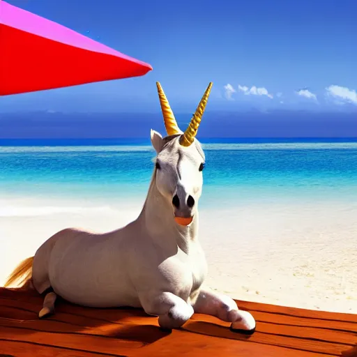 Prompt: a photograph of a unicorn unicorn on a sun bed at the beach, professional photograph, highly detailed, 4k, hd