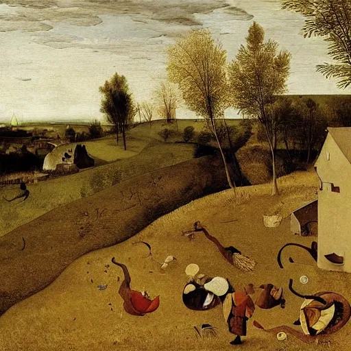 Prompt: People are drying the carpets in the fields; a grey winged serpent is covering the sun, painting by Bruegel