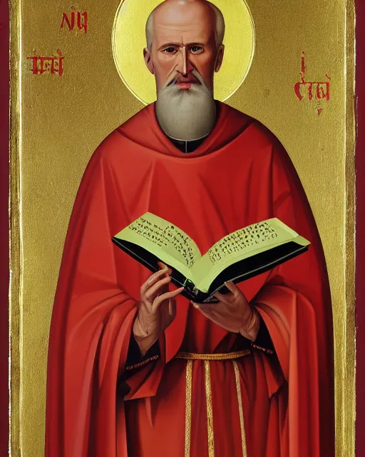 Image similar to portrait of full - length icon of saint nicholas by jaroslav cermak, showing him with a halo, dressed in clerical garb, and holding a book of the scriptures in his left hand while making the hand gesture for the sign of the cross with his right, by peter andrew jones, hd, hyper detailed, 4 k