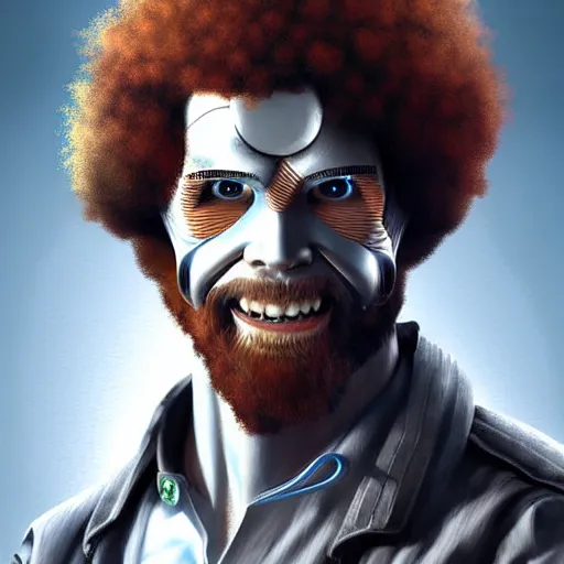 Prompt: cyborg bob ross by vitorugo, by mateus 9 5, realistic background, highly detailed, concept art, smooth, sharp focus, illustration of